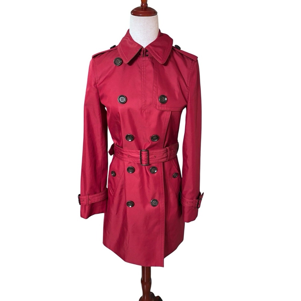 NWOT Coach Coat Trench Back Signature Cotton Leather Outerwear Size XS Bordeaux